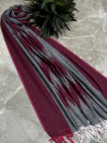Wine Woven Design Pure Cotton Ikat Dupatta