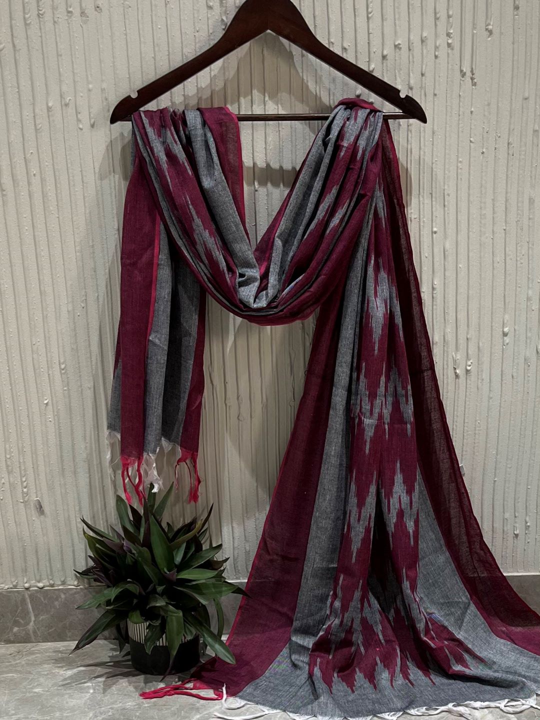 Wine Woven Design Pure Cotton Ikat Dupatta