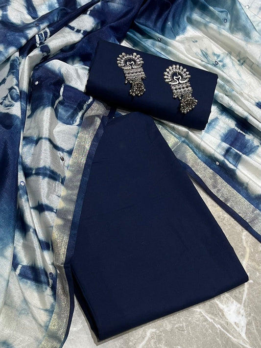 Blue Solid Pure Cotton Unstitched Dress Material (with printed Dupatta)