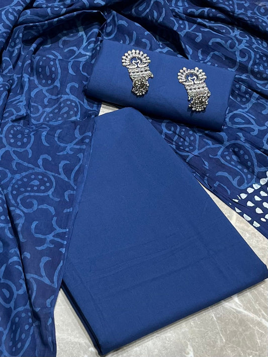 Blue Pure Cotton Solid Unstitched Dress Material (with printed Dupatta)