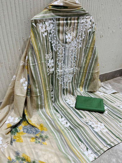 Green Cotton Embroidered Unstitched Dress Material