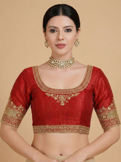 Red Silk Round Neck Readymade Blouse