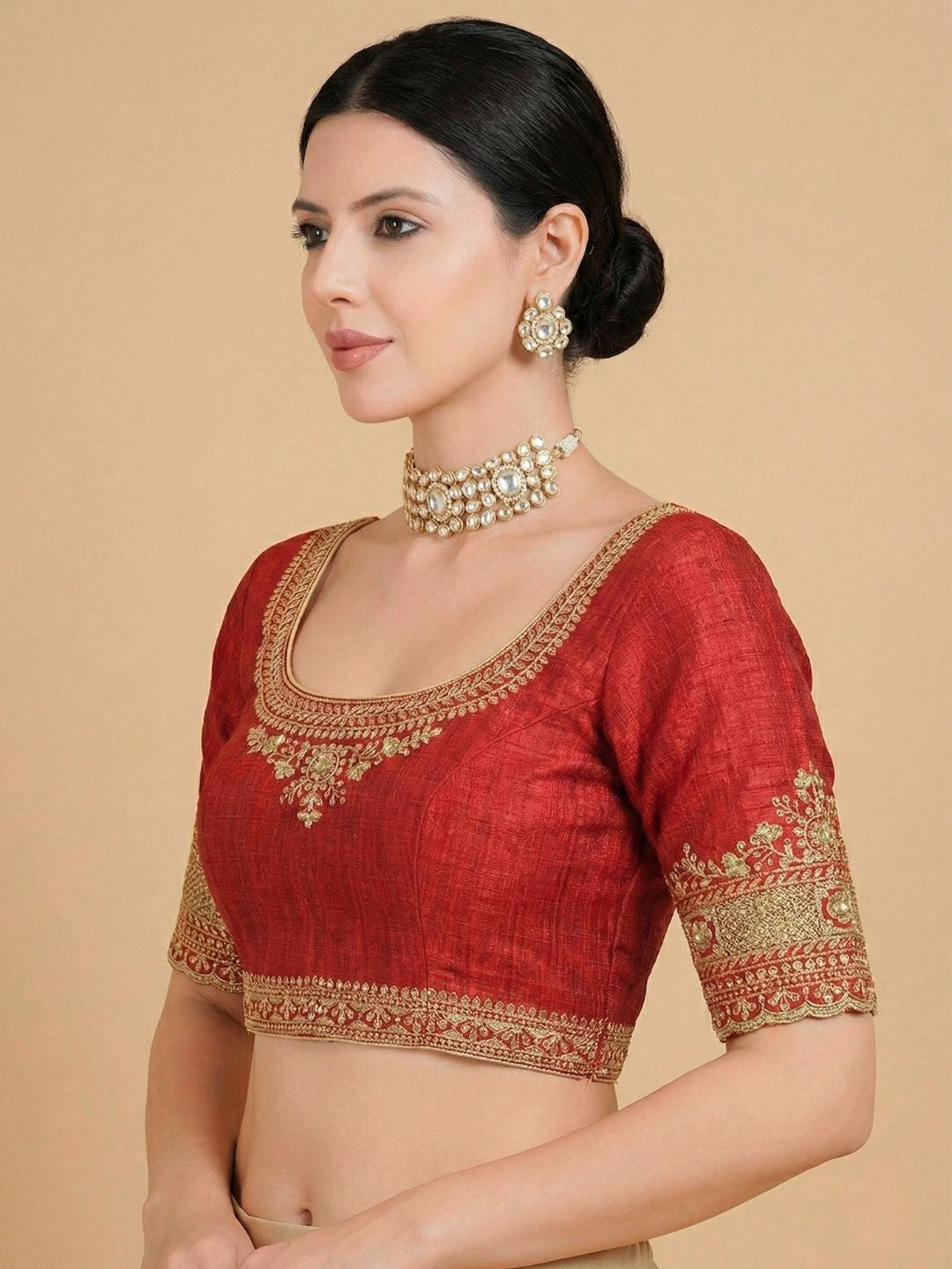 Red Silk Round Neck Readymade Blouse