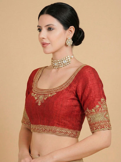 Red Silk Round Neck Readymade Blouse