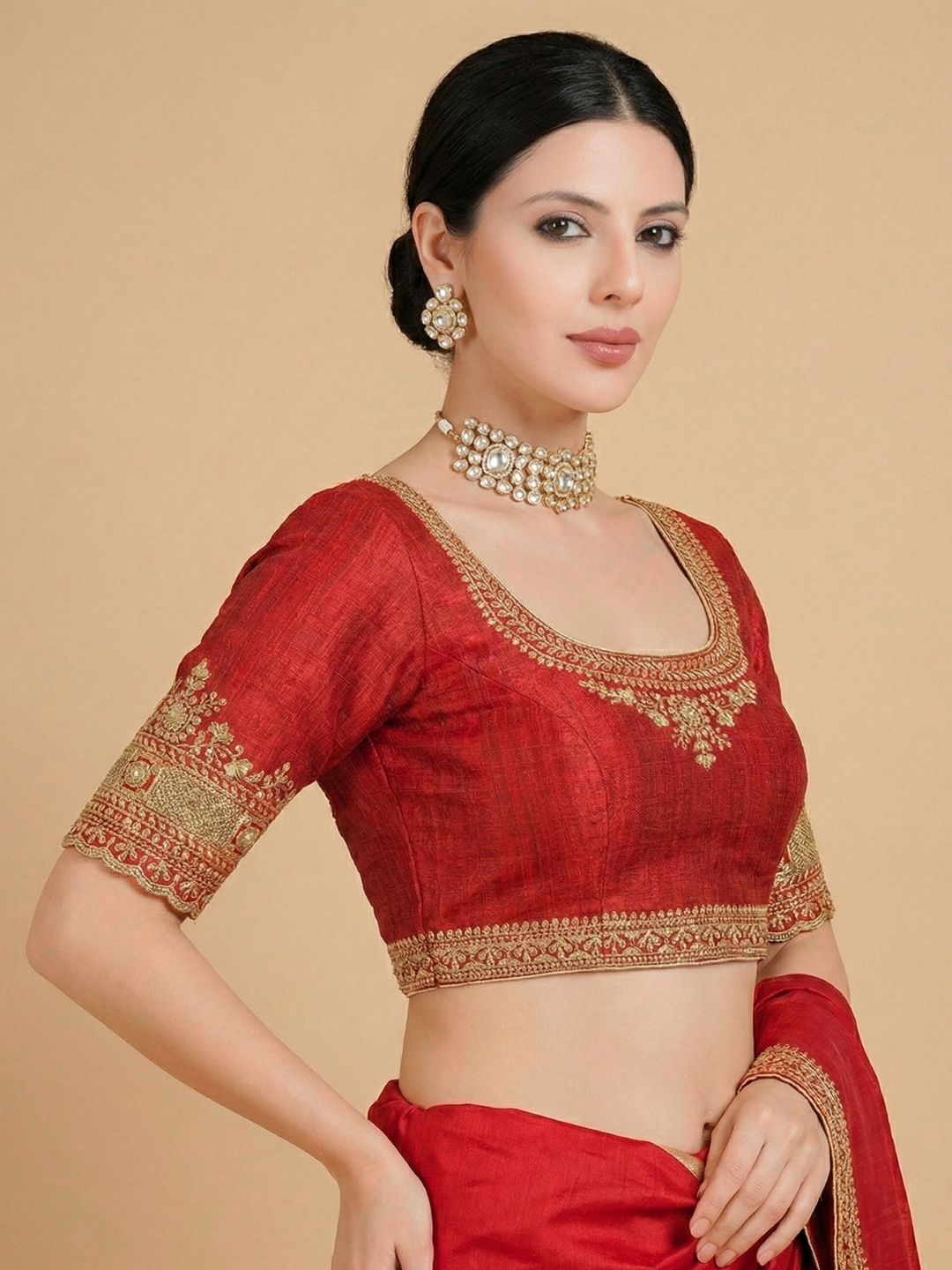 Red Silk Round Neck Readymade Blouse