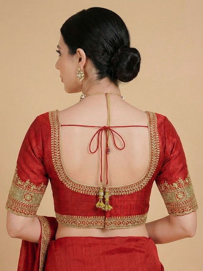 Red Silk Round Neck Readymade Blouse