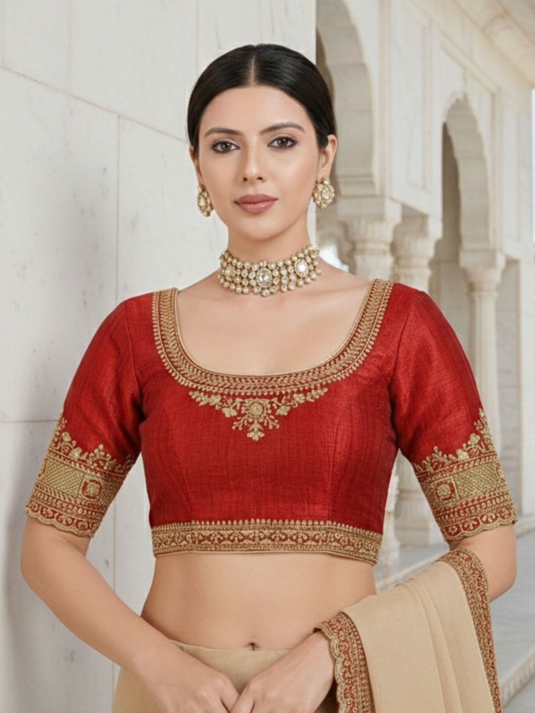 Red Silk Round Neck Readymade Blouse