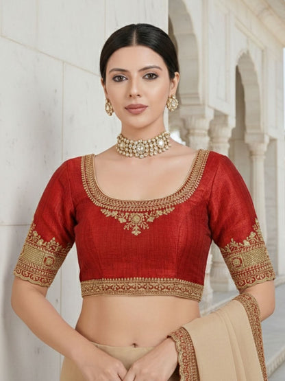 Red Silk Round Neck Readymade Blouse
