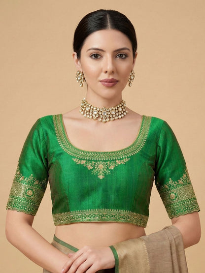 Green Silk Round Neck Readymade Blouse