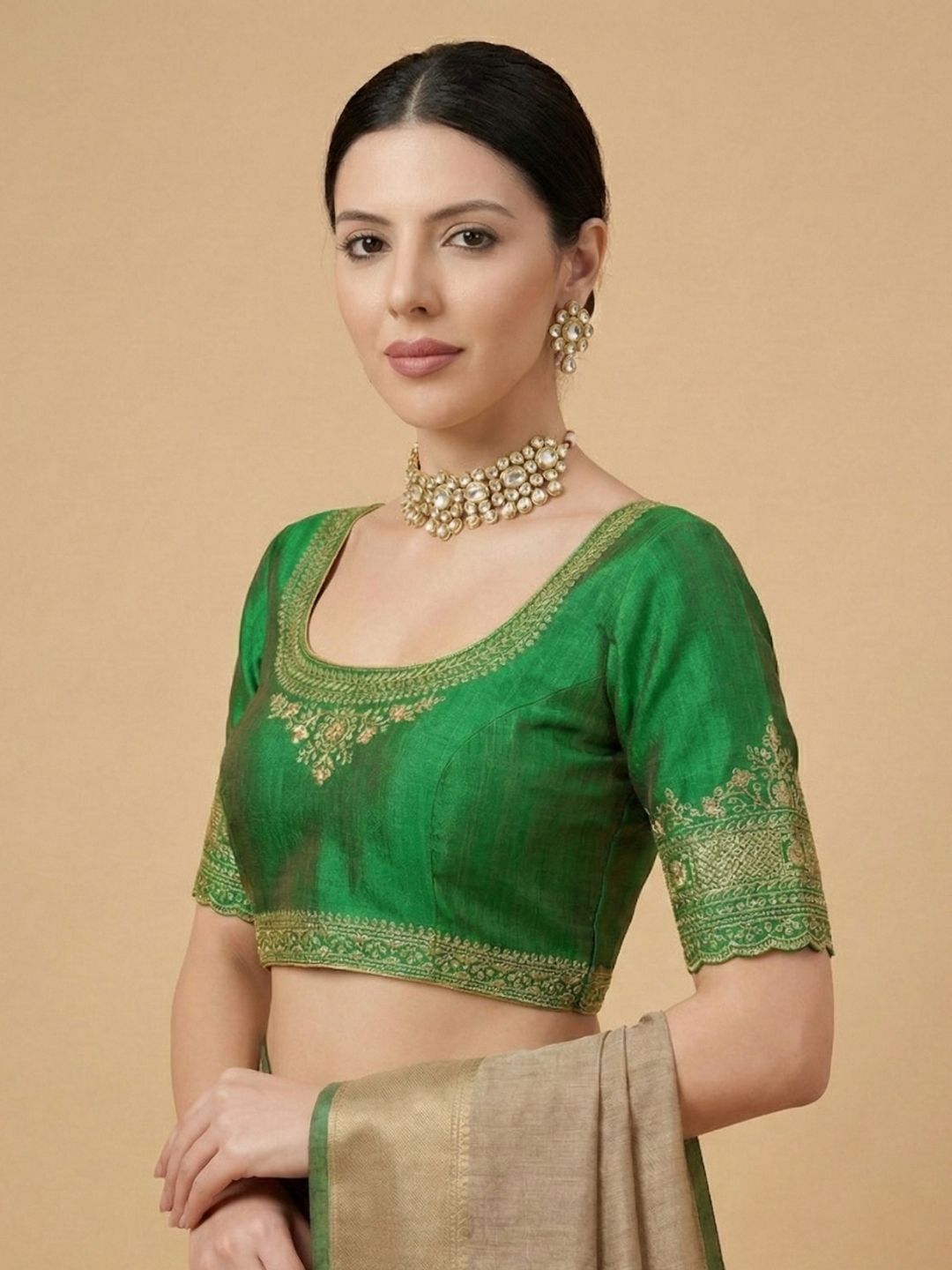 Green Silk Round Neck Readymade Blouse