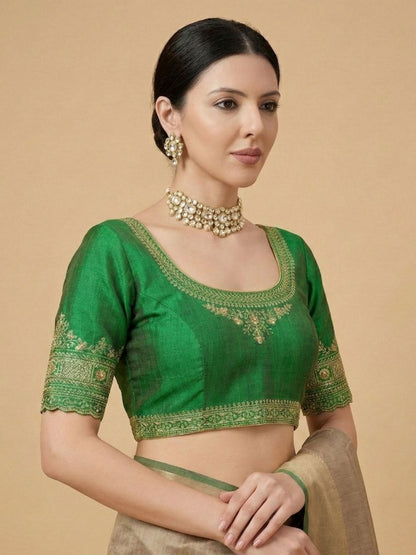 Green Silk Round Neck Readymade Blouse