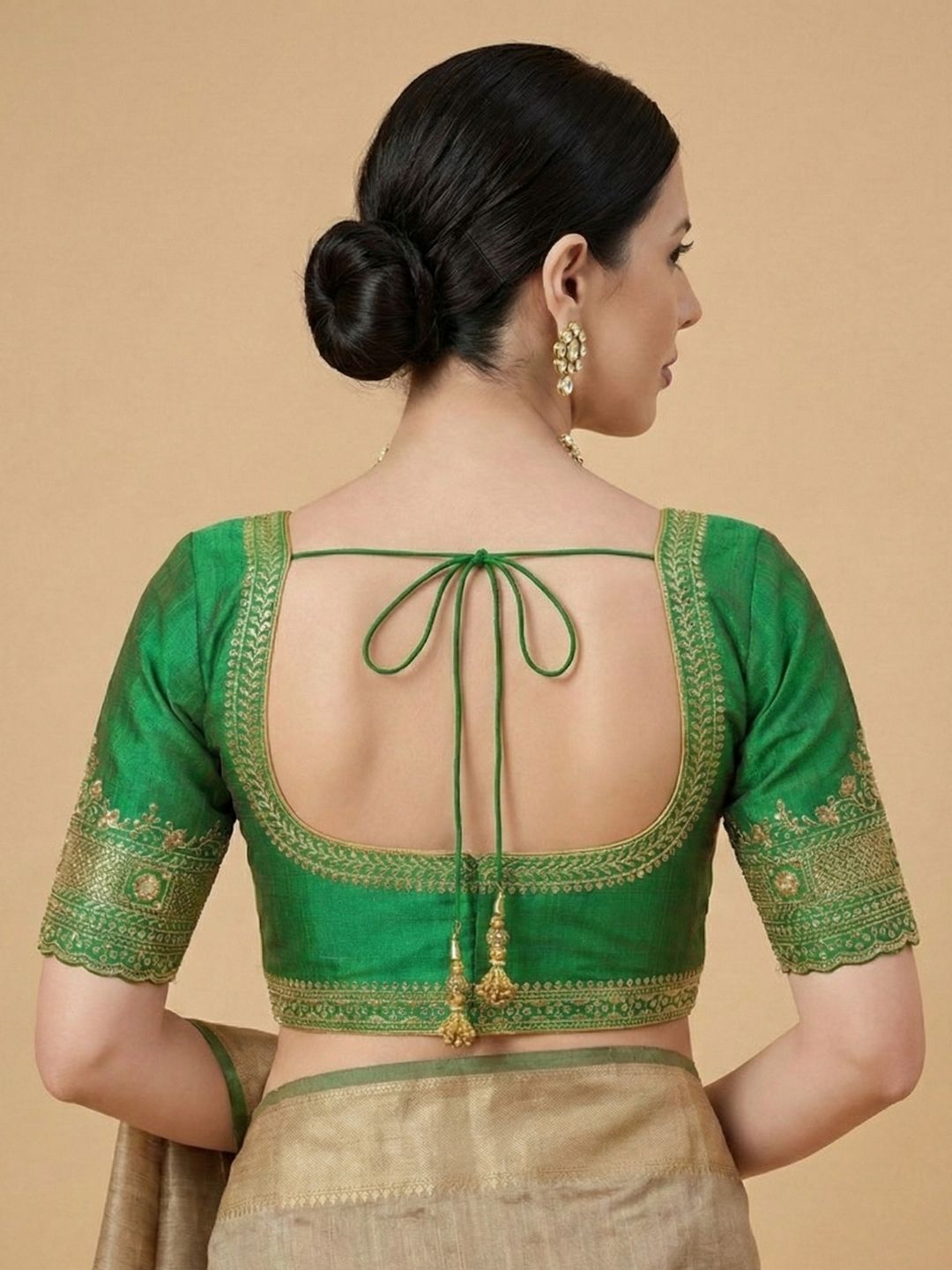 Green Silk Round Neck Readymade Blouse