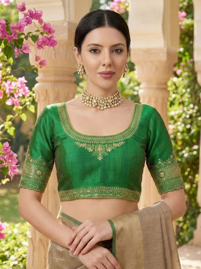 Green Silk Round Neck Readymade Blouse