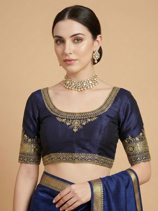 Navy Blue Silk Round Neck Readymade Blouse