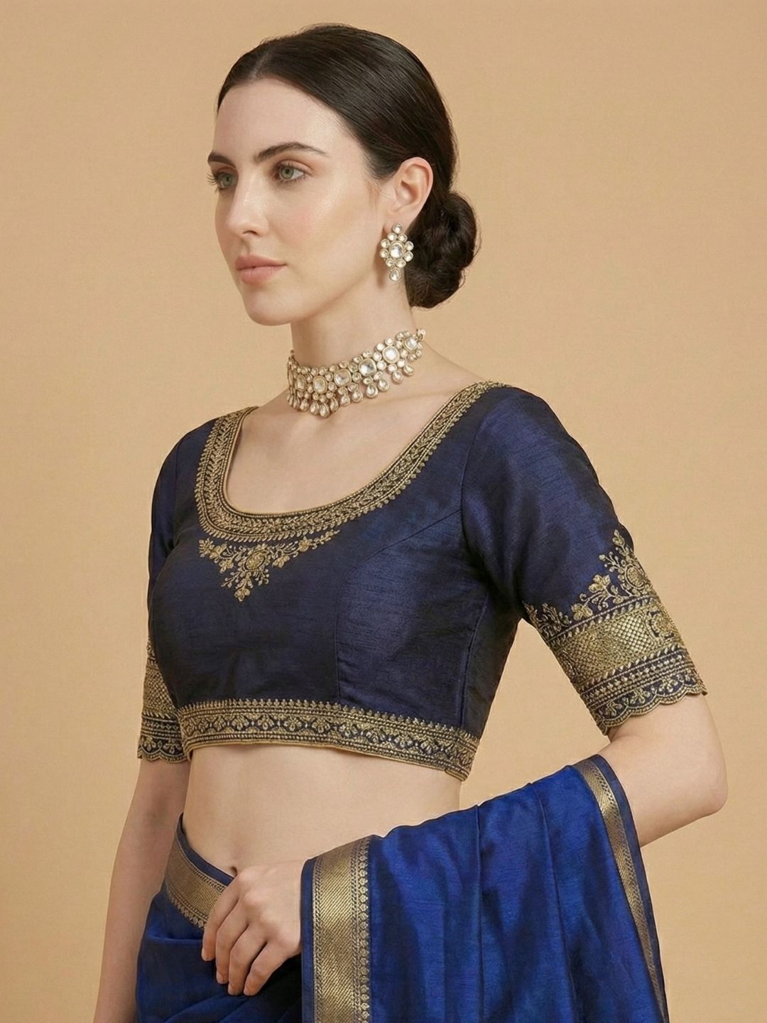 Navy Blue Silk Round Neck Readymade Blouse