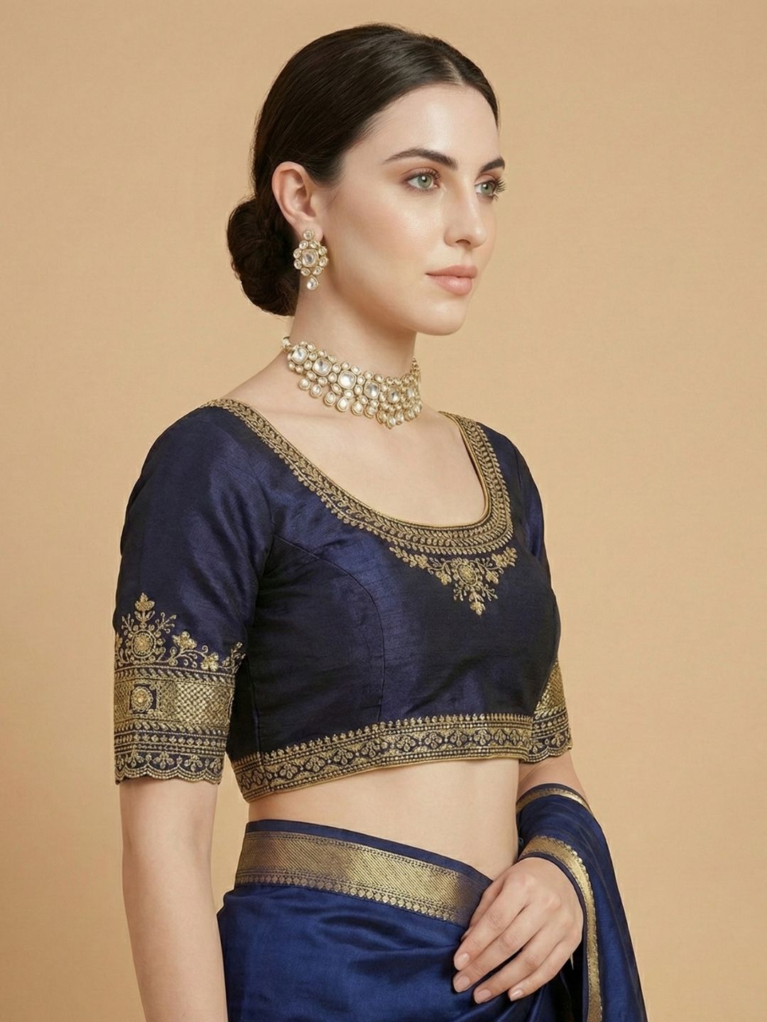 Navy Blue Silk Round Neck Readymade Blouse