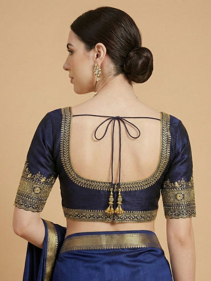 Navy Blue Silk Round Neck Readymade Blouse