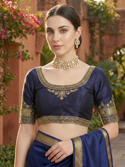 Navy Blue Silk Round Neck Readymade Blouse