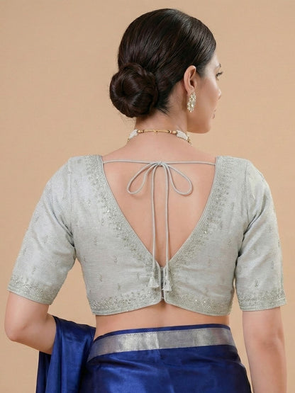 Silver Tissue V Neck Readymade Blouse