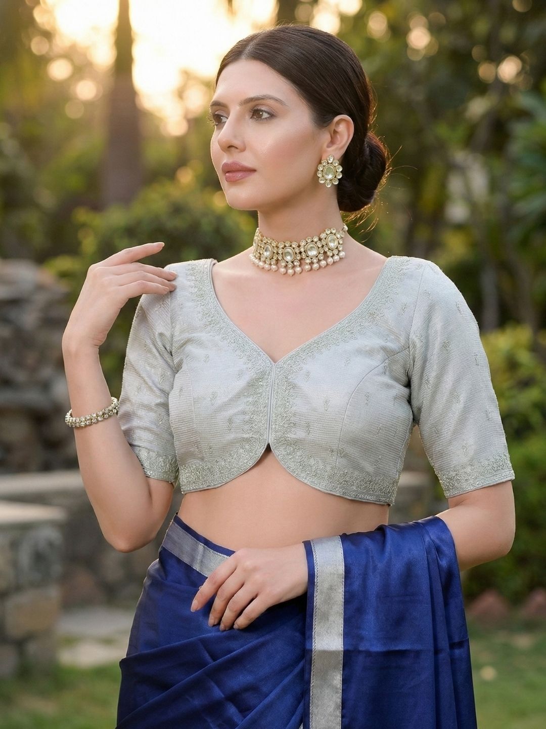 Silver Tissue V Neck Readymade Blouse