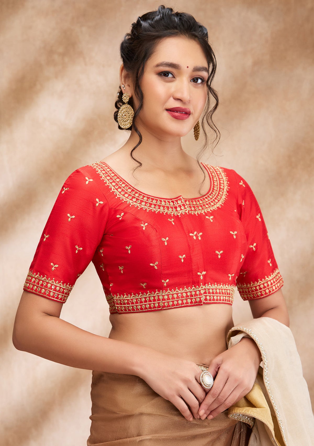 Red Silk Round Neck Readymade Blouse