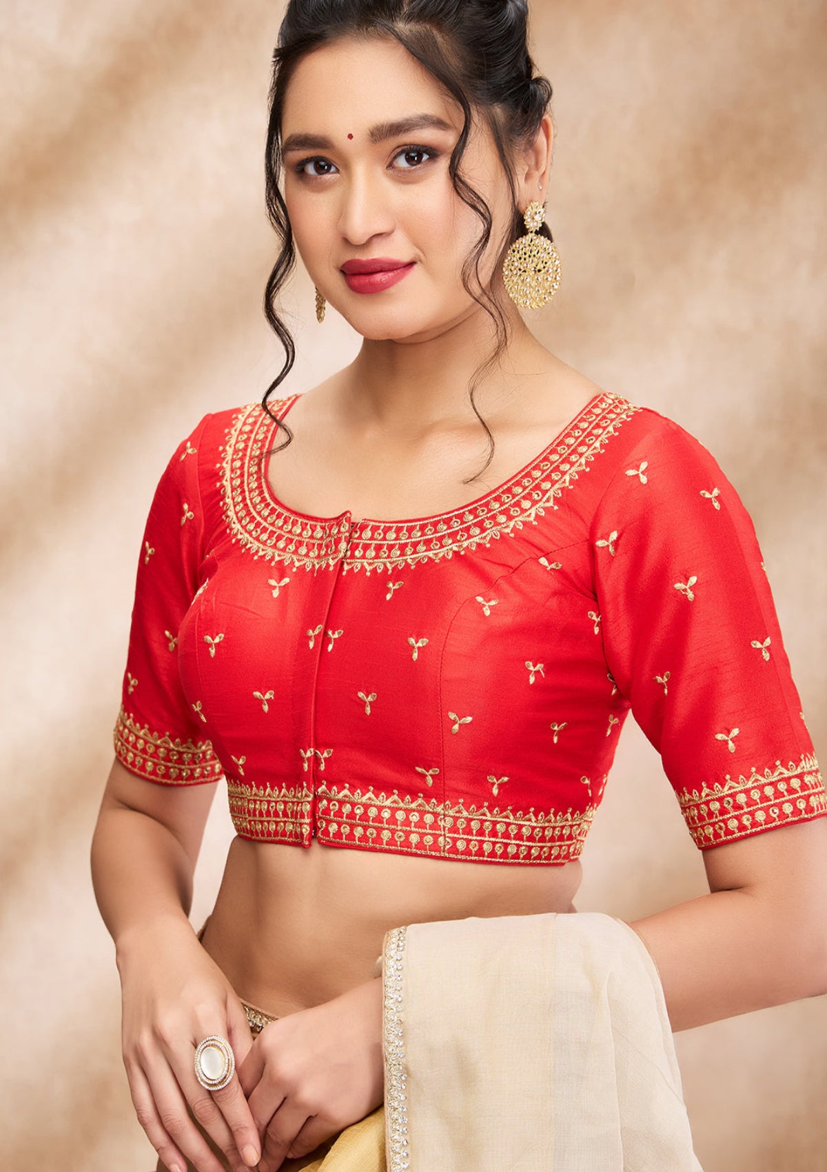 Red Silk Round Neck Readymade Blouse