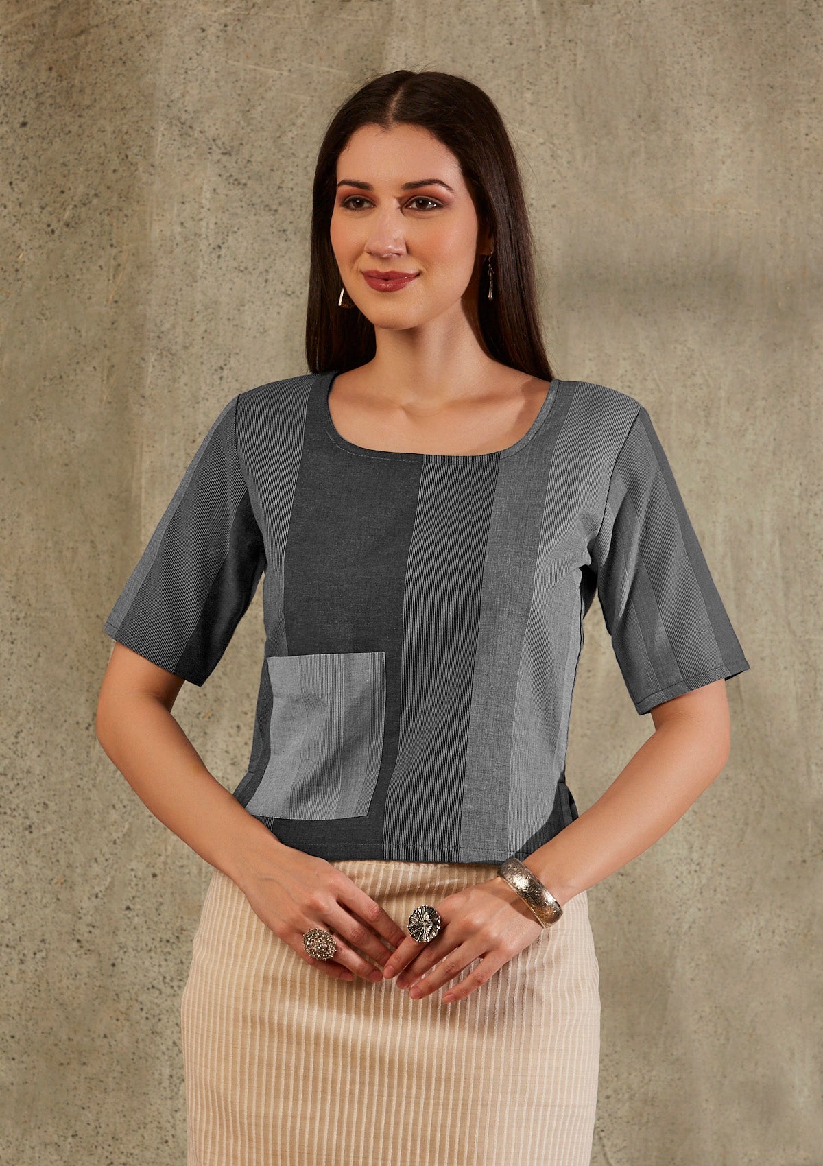 Grey Cotton Monochrom Patch Pocket Blouse