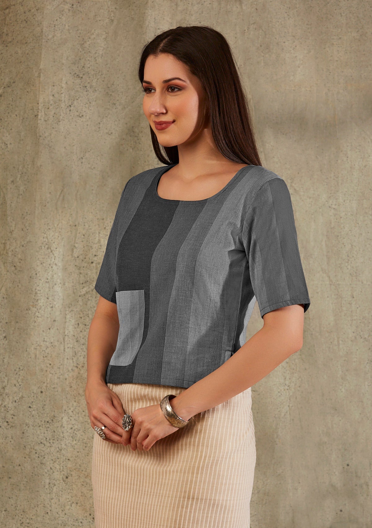 Grey Cotton Monochrom Patch Pocket Blouse