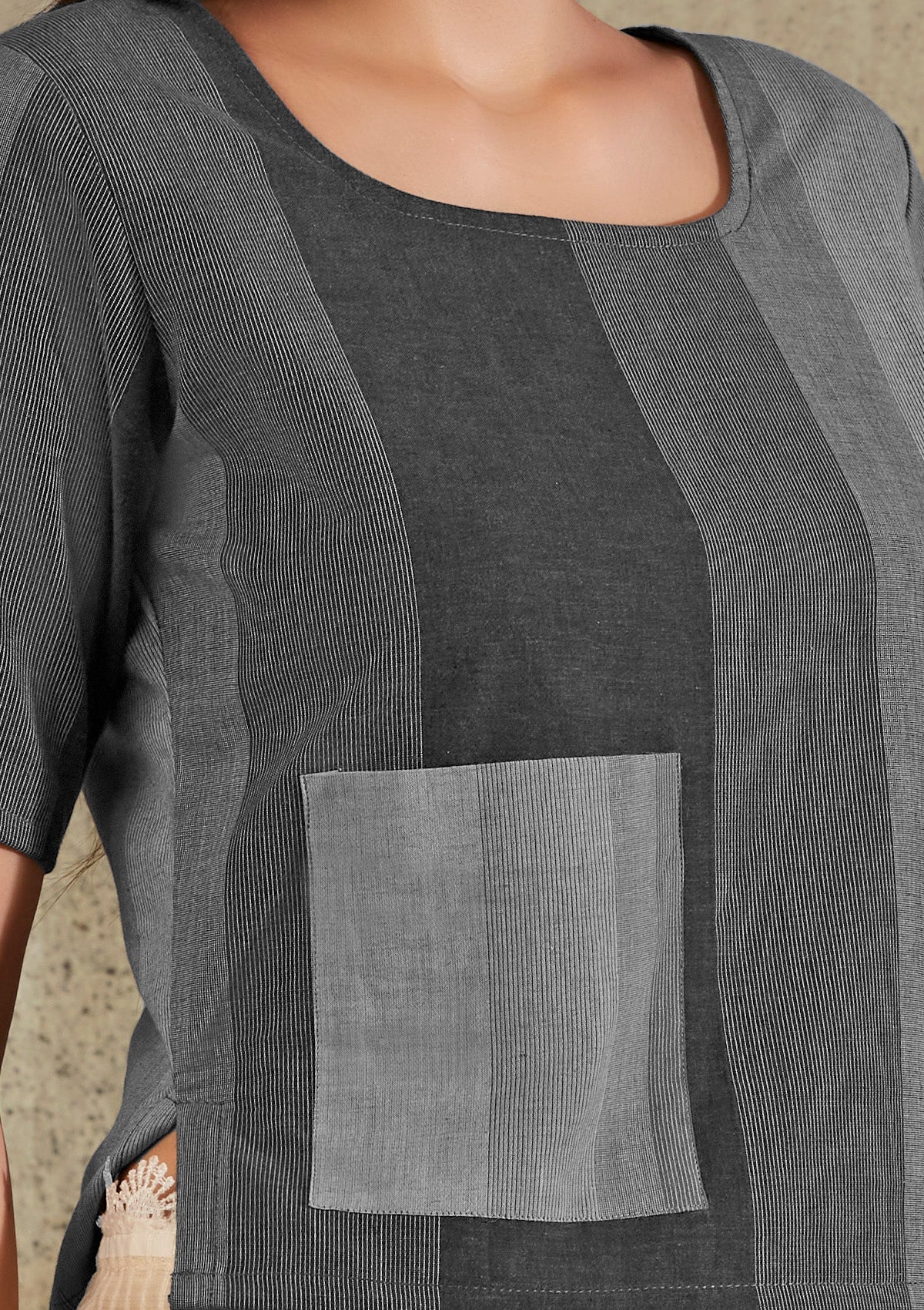 Grey Cotton Monochrom Patch Pocket Blouse