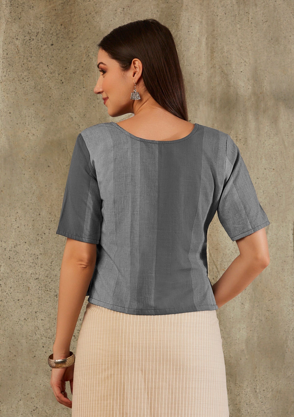 Grey Cotton Monochrom Patch Pocket Blouse