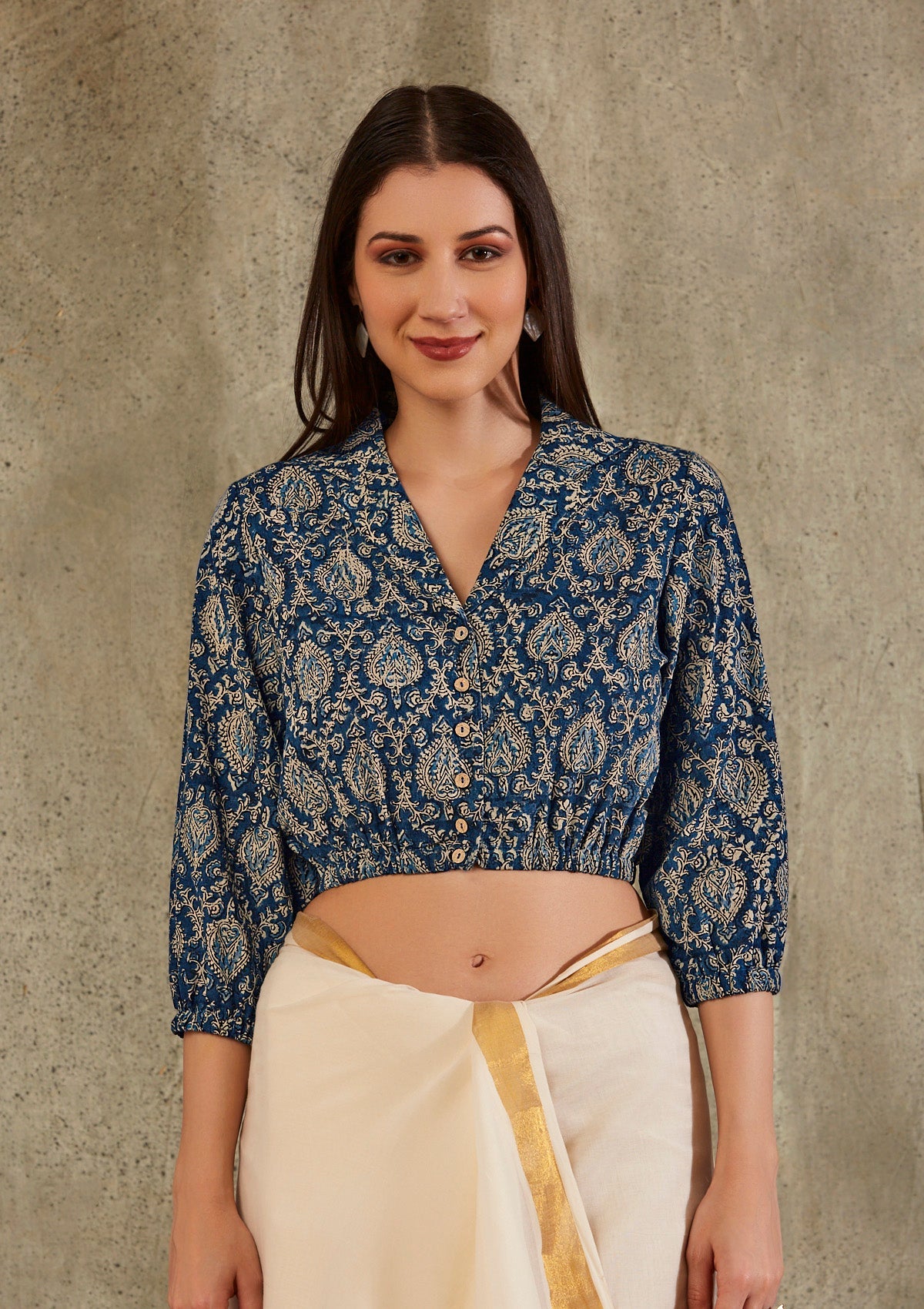 Navy Blue Cotton Printed Blouse