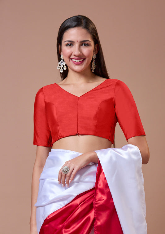 Red Silk V Neck Comfort Fit Readymade Blouse