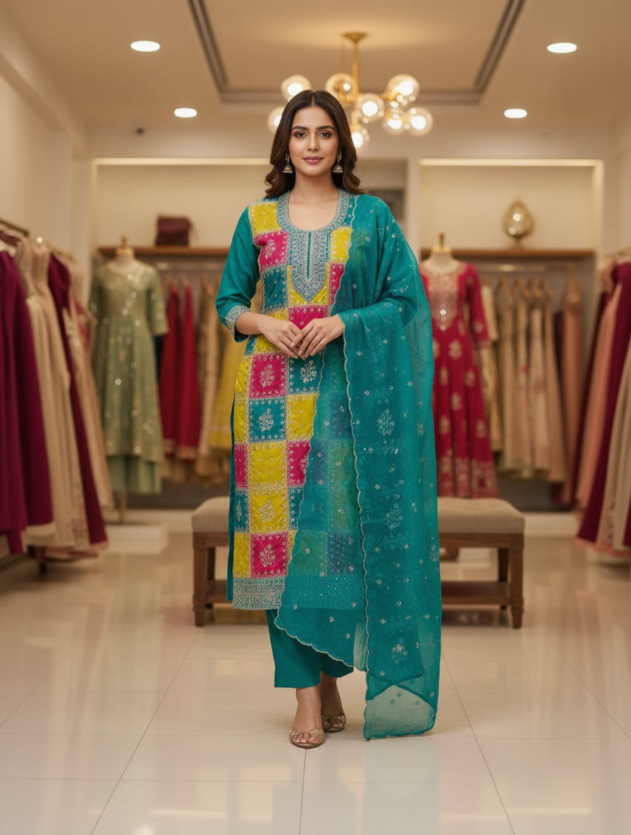 Silk Embroidered Multicolor Unstitched Dress Material