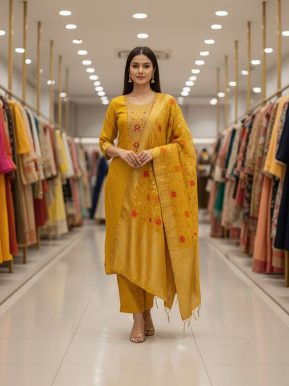 Silk Embroidered Yellow Unstitched Dress Material