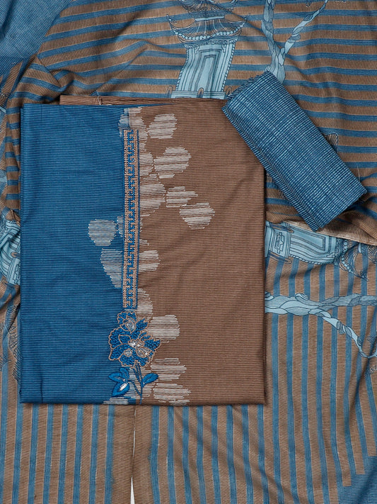 Cotton Printed Blue-Brown Unstitched Dress Material