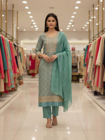 Tissue Embroidered Green Unstitched Dress Material