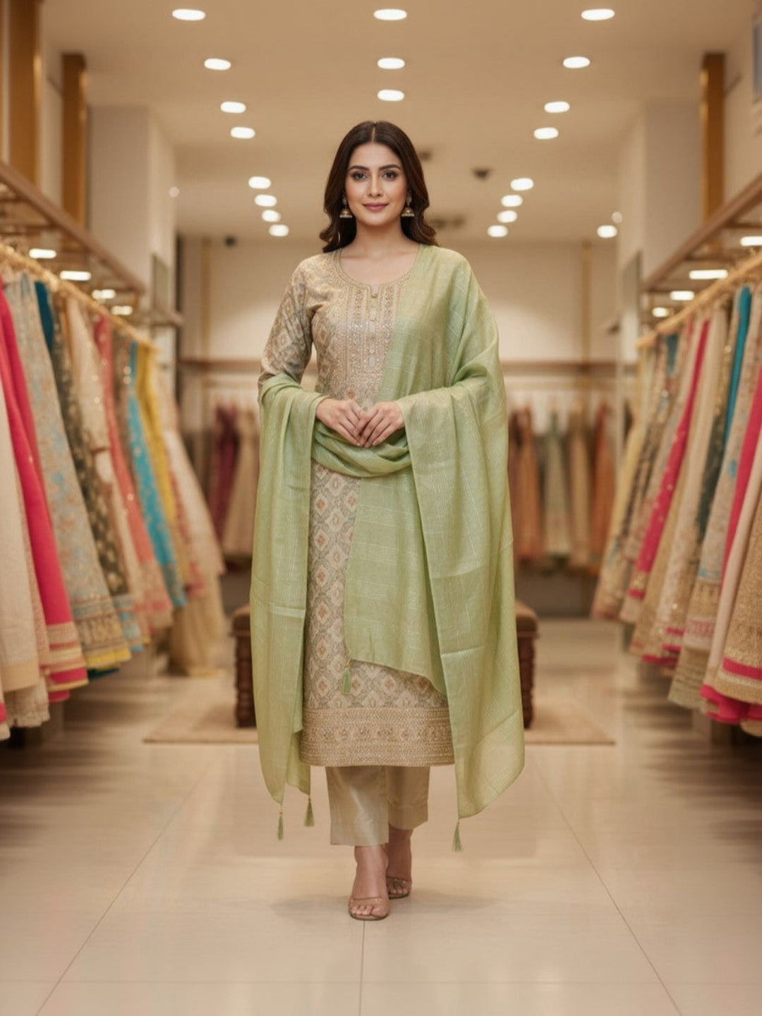 Tissue Embroidered Beige Unstitched Dress Material