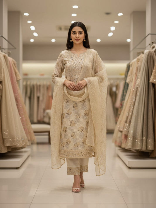 Chanderi Embroidered Beige Unstitched Dress Material