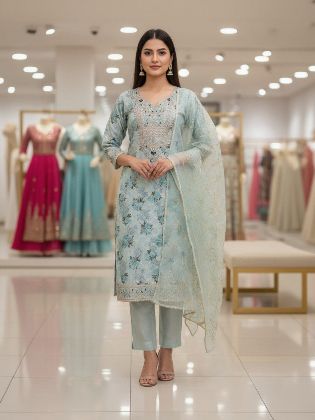 Chanderi Embroidered Green Unstitched Dress Material