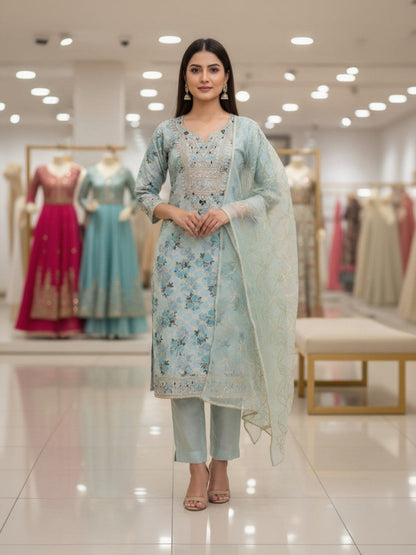 Chanderi Embroidered Green Unstitched Dress Material