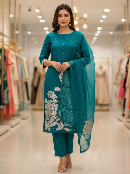 Silk Embroidered Green Unstitched Dress Material