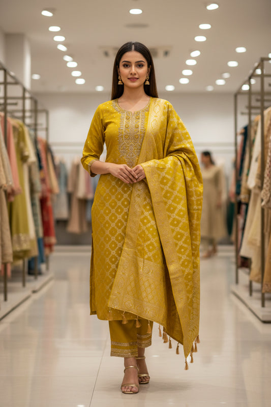 Chanderi Embroidered Yellow Unstitched Dress Material