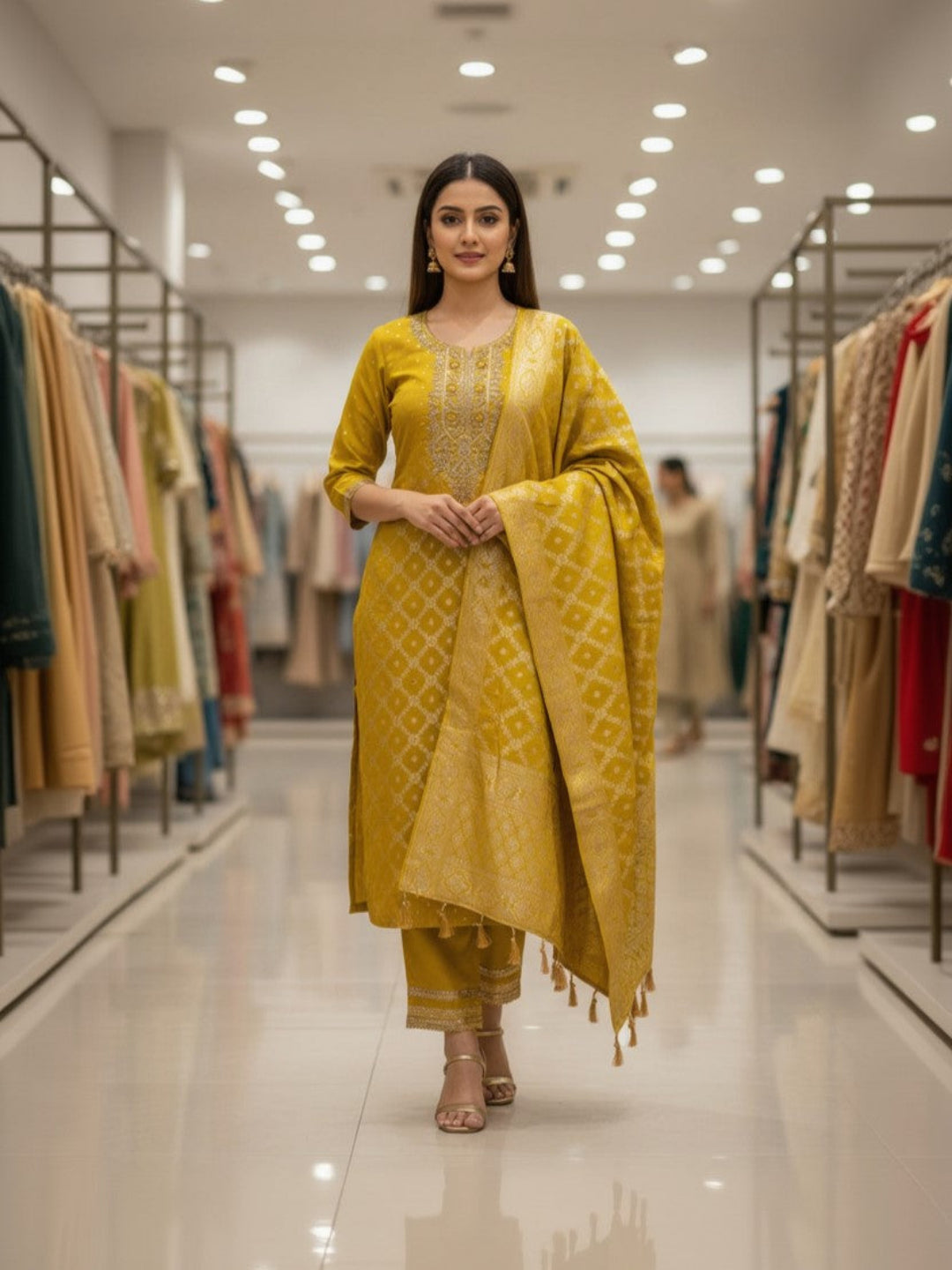 Chanderi Embroidered Yellow Unstitched Dress Material