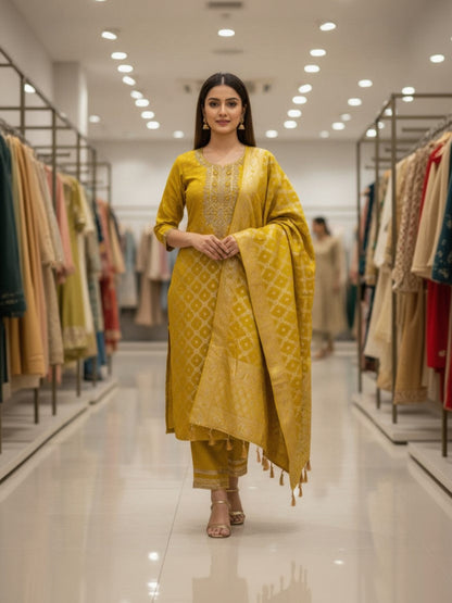 Chanderi Embroidered Yellow Unstitched Dress Material
