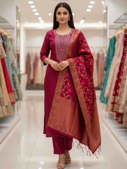 Silk Embroidered Pink Unstitched Dress Material