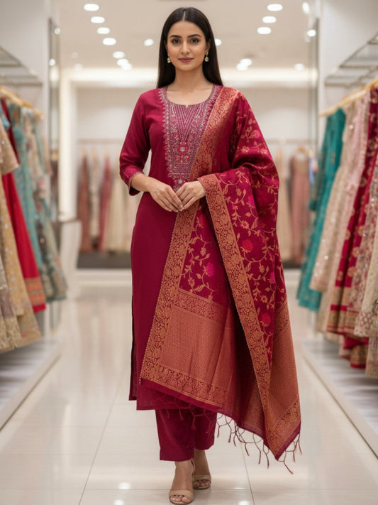 Silk Embroidered Pink Unstitched Dress Material