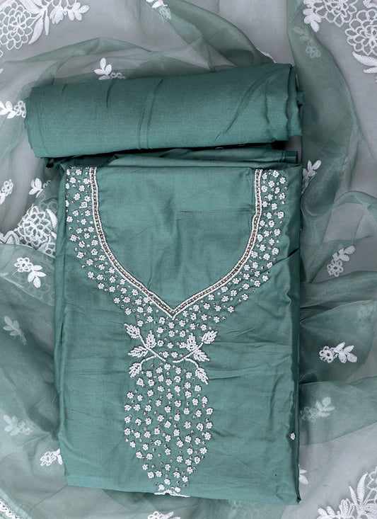 Green Embroidered Cotton Unstitched Dress Material