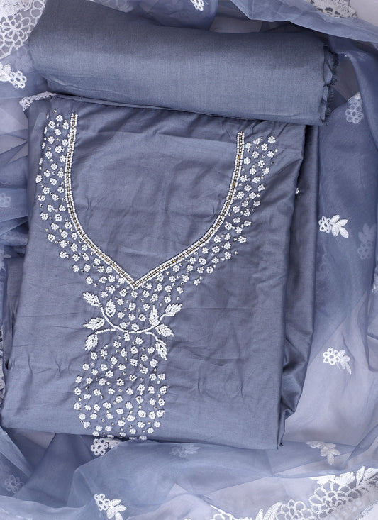 Cotton Embroidered Grey Unstitched Dress Material With Dupatta