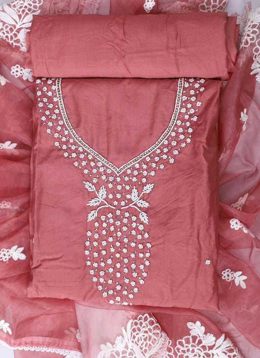 Cotton Embroidered Pink Unstitched Dress Material With Dupatta