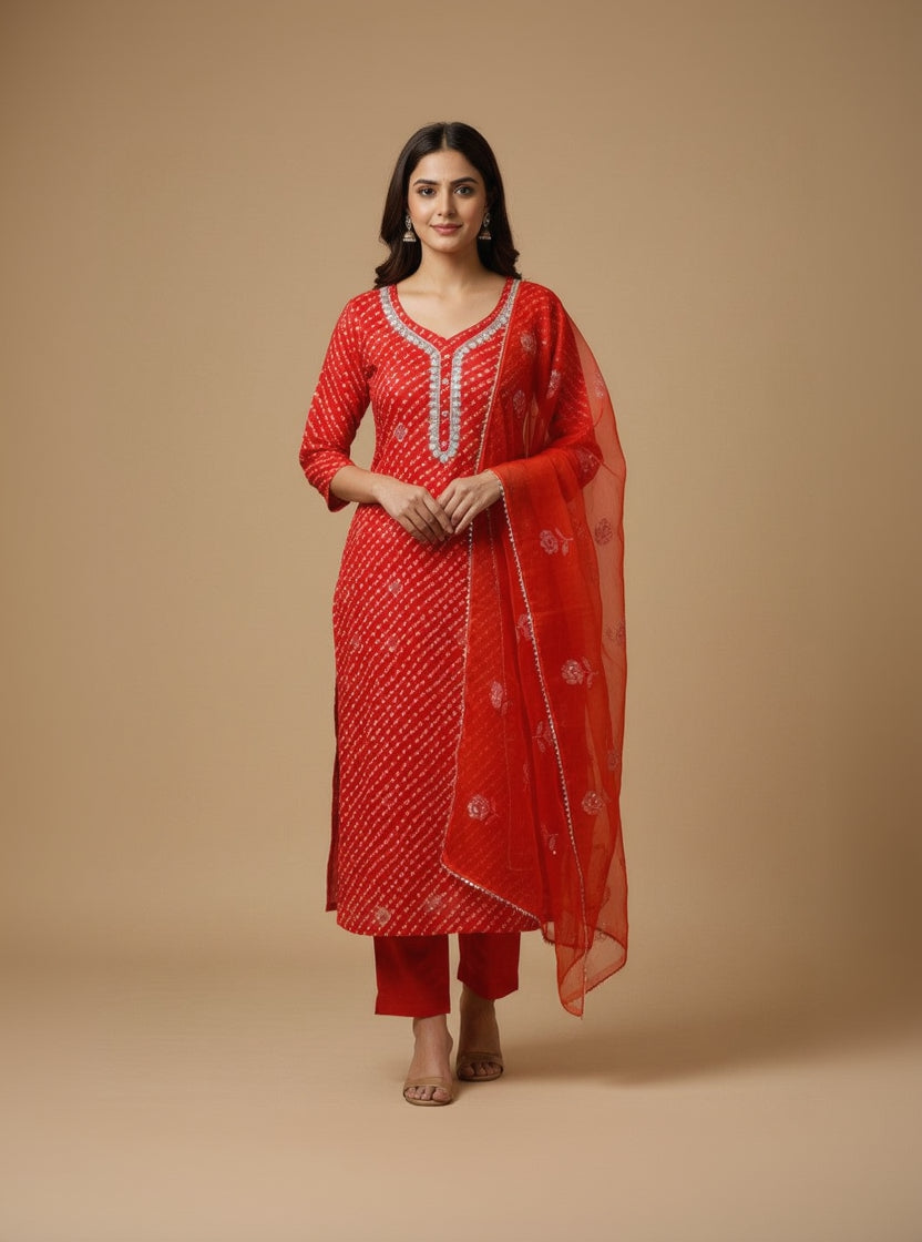 Silk Chiffon Printed Red Unstitched Dress Material With Dupatta